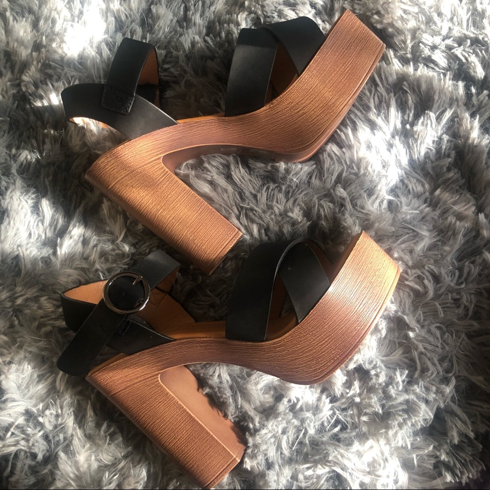 Shein Wood Detail Platform Chunky Heel Open Toe Sandals